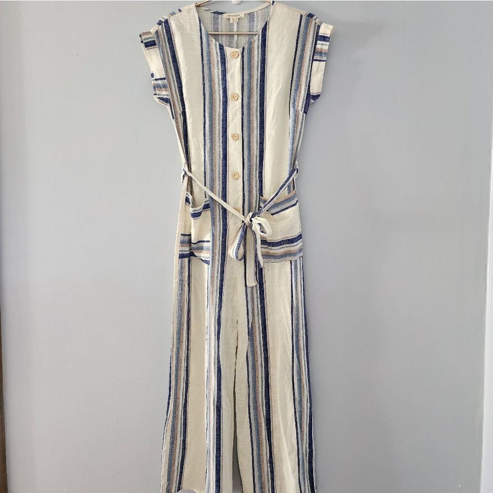 MONTEAU Women's Striped Button Front Sleeveless Jumpsuit Size Small linen
